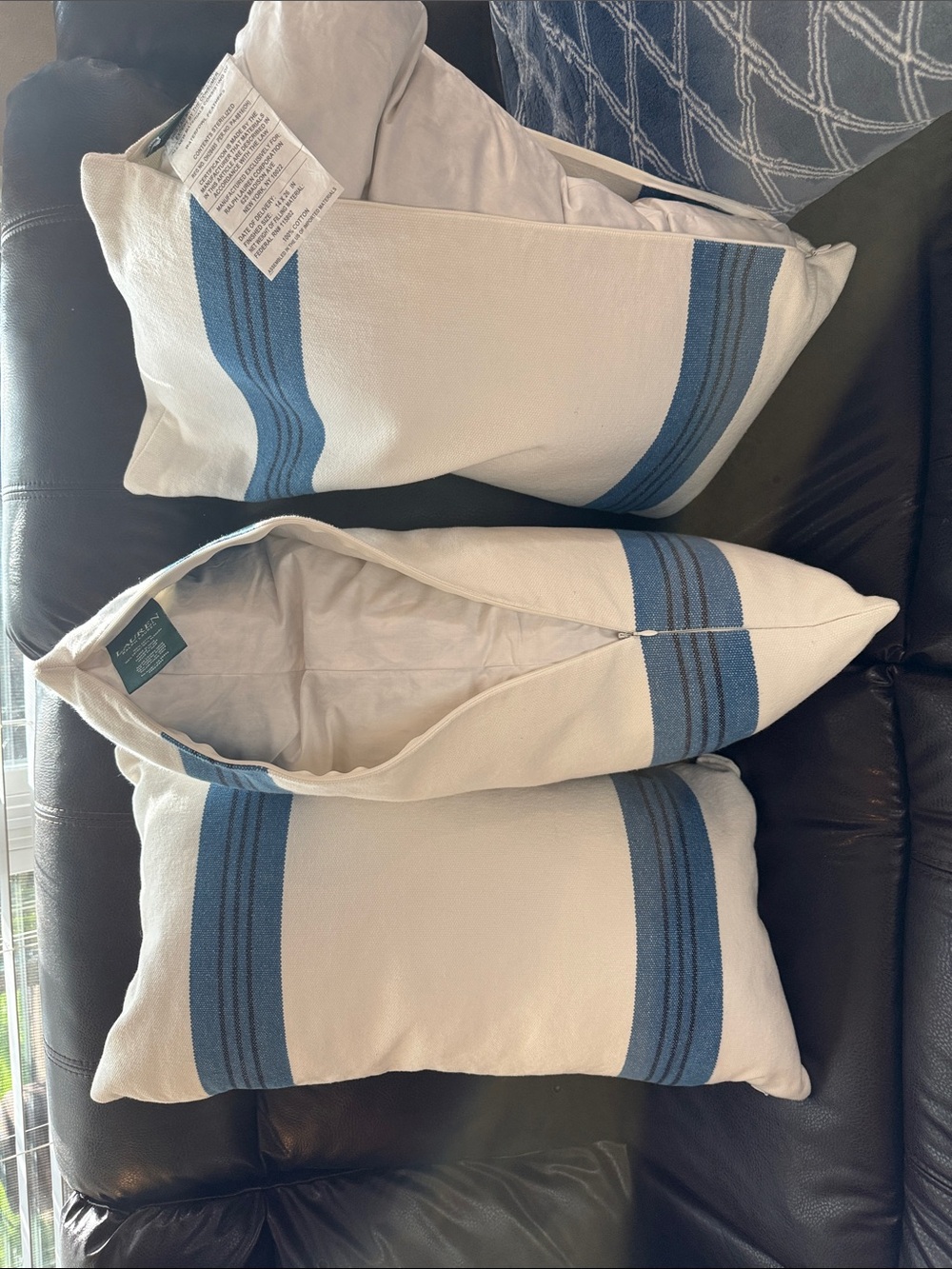 Ralph Lauren Cream and Blue Striped Canvas Throw Pillows - Picture 5 of 6